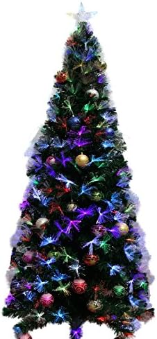 6' Artificial Christmas Tree Multi Color LED Fiber Optic Evergreen Stand + 24 Ornaments