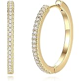 14K Gold Hoop Earrings for Women Gold Huggie Earrings with Round Cubic Zirconia Hypoallergenic 14K Gold Earring for Everyday Wear