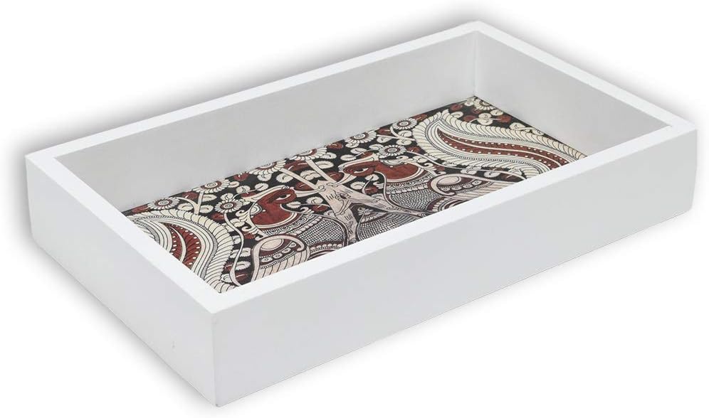 BRICK BROWN Premium White Peacock Printed Serving Tray