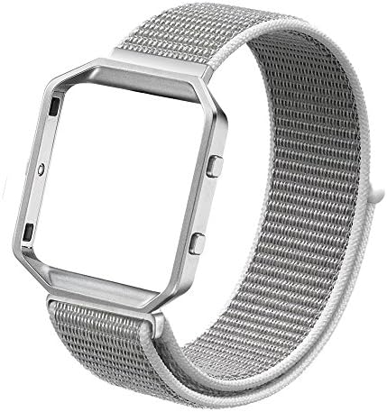 Azadodo Nylon Bands Small Large Compatible with Fitbit Blaze, Adjustable Woven Nylon Sport Loop Replacement Wristbands Straps with Frame Blaze Women Men (Seashell Sport Loop with Silver Frame)