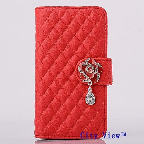 iPhone 6 Case, City View(TM) [Kickstand Feature] iPhone 6 (4.7) Case Wallet [Wallet S] [RED] Luxury Crystal Camellias Button With Diamond PU Leather Magnet Wallet Case with STAND Flip Cover and Card Slots + Screen Protector + Stylus for iPhone 6 (4.7) (2014) (C-Red)
