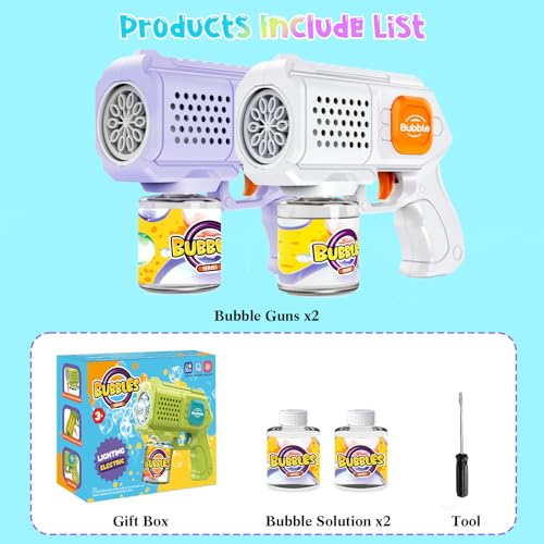 Bombble 2 Pcs Automatic Bubble Gun - 8000+ Bubbles/Min Via 10 Holes, Leakproof and Portable, LED Lights, Bubble Machine for Children - Birthday/Wedding/Party/Gift