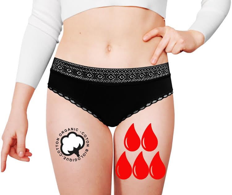 Menstrual Panties Abundant Flow Washable Organic Cotton with 4 Layers Ultra Absorbent Ruler Panties Reusable for Teen Girls Women Protective Underwear (Black-M)
