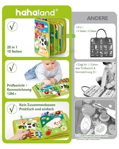 hahaland Montessori Toy from 1 Year - Farm Theme Quiet Book, 20-in-1 Busy Board Soft Felt for Early Education, Busy Book for Car Riding, Toy from 1 2 3 Years, Gift for 1 Birthday