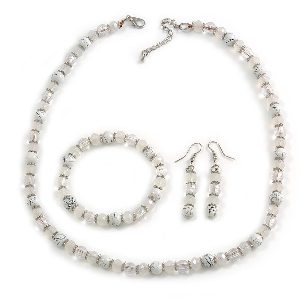 Avalaya White/Transparent Glass/Ceramic Bead with Silver Tone Spacers Necklace/Earrings/Bracelet Set - 48cm L/ 7cm Ext