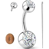 GEMQUEEN Moissanite & G23 TItanium Belly Button Ring 18K Gold Plated Hypoallergenic Internally Threaded Belly Rings 14G Navel Piercing Jewelry For Women Men D Color VVS1 Clarity Brilliant Cut