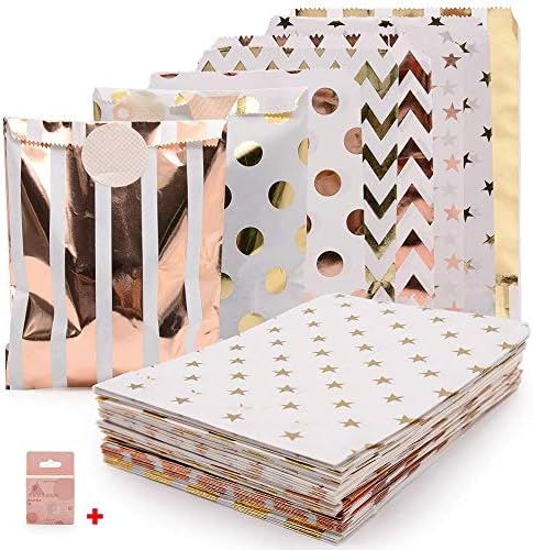 specool Rose Gold Party Bags, Paper Treat Bags with Bag Stickers Oil-proof Snack Bag Durable Wedding Sweet Candy Container Paper Bags for Cookie Bakery Candy Cup Cake 5 x 7in (Rose Gold)