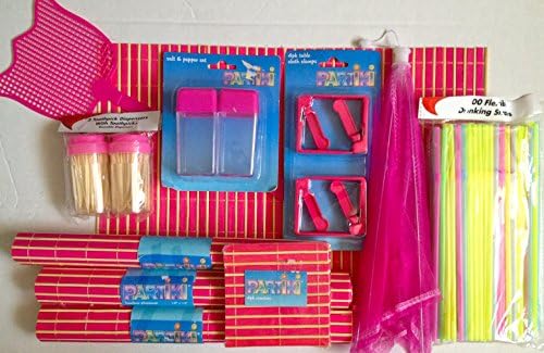 Pink Tiki Party Bamboo Table Set - Placemats, Coasters, Salt & Pepper Shakers, Food Net, Toothpicks & Holders, Fly Swatter, & Table Cloth Clamps