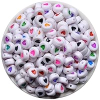 iZasky Pony Beads Letters 6mm - 7mm Mixed Color Alphabet Number Cube Square Beads Making Bracelets, Necklaces, Key Chains and Jewelry (Circular 7mm, White - Multi Color Heart)