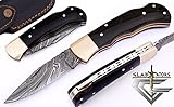 GladiatorsGuild 6011H Damascus Steel Best Folding Pocket Knife Cool Camping Hunting Knives Unique Damascus Blade Pattern (Black Horn)