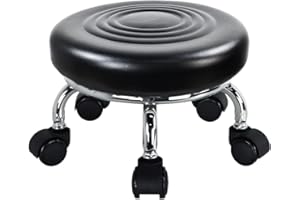 WKWKER Modern Roller Seat PU Leather Low Round Rolling Stool 360 Swivel Small Stool with Universal Caster Wheels for Home Office, Garage, Shop, Fitness, Sport (H: 8.4' Black)