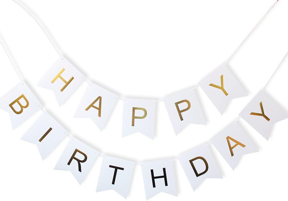 White and Gold Happy Birthday Banner by Thick Card Bunting Flag Garland Party Supplies