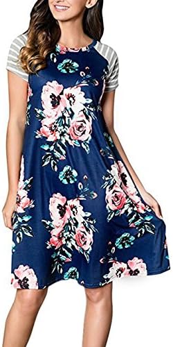 HIKARE Womens Summer Short Sleeve Crewneck Casual Floral T-Shirt Midi Dress