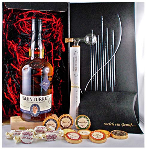 Geschenk Glenturret Peated Single Malt Whisky + Glaskugelportionierer + Edelschokolade + Fudge