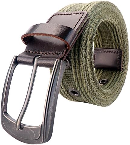 Men's Military Water-Washed Canvas Waist Web Belt Leather Tipped End and Silver Metal Buckle (2X-Large(46-48), Olive)
