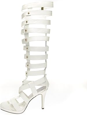 white knee high sandals