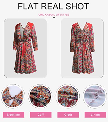 Dokotoo Women Boho Dress Floral Print Flared Vacation Flowy V Neck Backless Mini Dress Sexy High Waist 3/4 Sleeve Ruffle A Line Bohemian Short Dress,US 16-18(XL),Multicolor