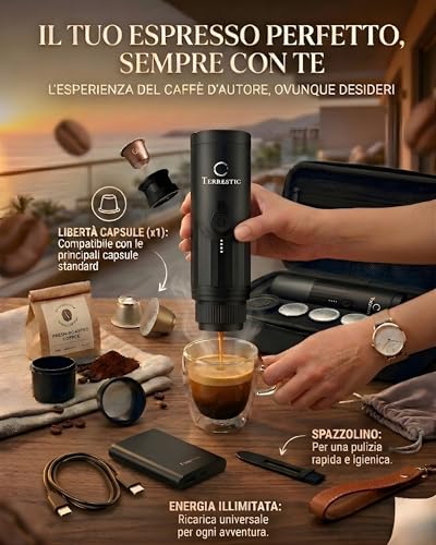 Terrestic Portable Coffee Machine, 80 ml, Portable Coffee Maker, USB Rechargeable Travel Coffee Machine, Compatible with Nespresso Powder and Capsules with Hard Case