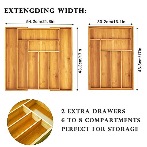 100% Bamboo Large Expandable Drawer Organizer Cutlery Utensil Tray Silverware Tray Utensil Drawer Organizer Adjustable Kitchen Drawer Insert Flatware Organizer Jewelry Showcase with 8 Compartments - Thumbnail 4
