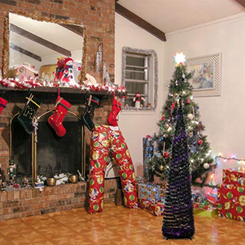 MACTING 5ft Pop up Christmas Tinsel Tree with Stand Easy-Assembly Tinsel Coastal Glittery Halloween Christmas Tree for Holiday Xmas Decorations (Purple-Black)
