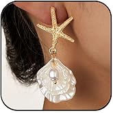 ALUINN Gold Starfish Earrings for Women Shell Pearl Dangle Statement Jewelry Retro Beach Hoop Earrings Seaside for Women