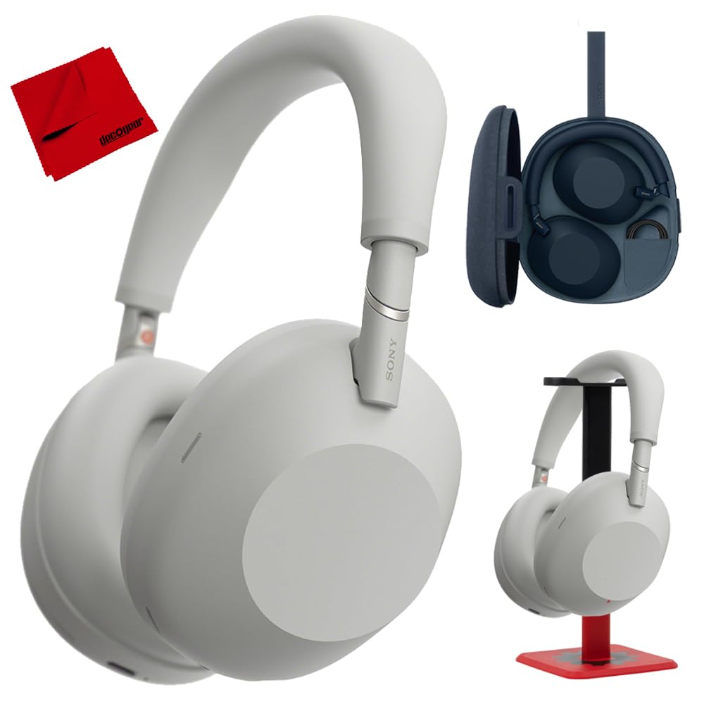 Sony WH-1000XM6 Best Wireless Noise Canceling Headphones, Platinum Silver Bundle with Deco Gear Pro Audio Headphone Stand in Matte Black/Red