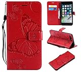 iPhone 8 Plus Wallet Case,iPhone 8 Plus Case with Card Holder,iPhone 7 Plus Leather Flip PU Phone Case Cover with Stand & Credit Card Holder Slots for Apple iPhone 7 Plus/8 Plus,Butterfly Red