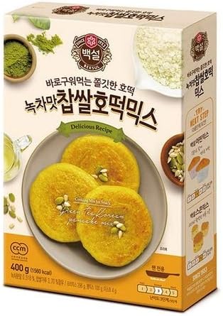 Korean Fancy Hotcake Mix; CJ Beksul Korean Sweet & Green Tea Pancake Mix, Hotteok (14.10 oz, 400g) ; 국민꿀간식 CJ 백설 호떡, 녹차호떡 믹스; 바로 구워 먹는 쫄깃한 호떡 (Green Tea, 1 Pack)