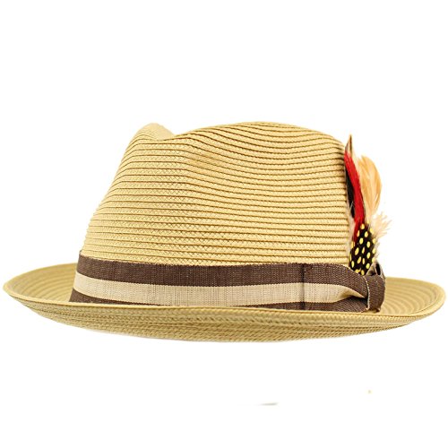 Men's Stripe Band Removable Feather Derby Fedora Curled Brim Hat L/XL
