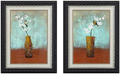 Dzhan - Framed Wall Art Vase with Almond Blossom Birds Paintings Canvas Wood Frames Artwork for Living Room 21" x 27"