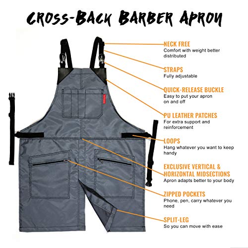 Under NY Sky Cross-Back Barber Gray Apron - Heavy-Duty Nylon, Water and Chemical Resistant, Zipped Pockets, No-Tie, Split-Leg - Adjustable for Men, Women - Pro Hair Stylist, Salon, Colorist, Artist - Thumbnail 2