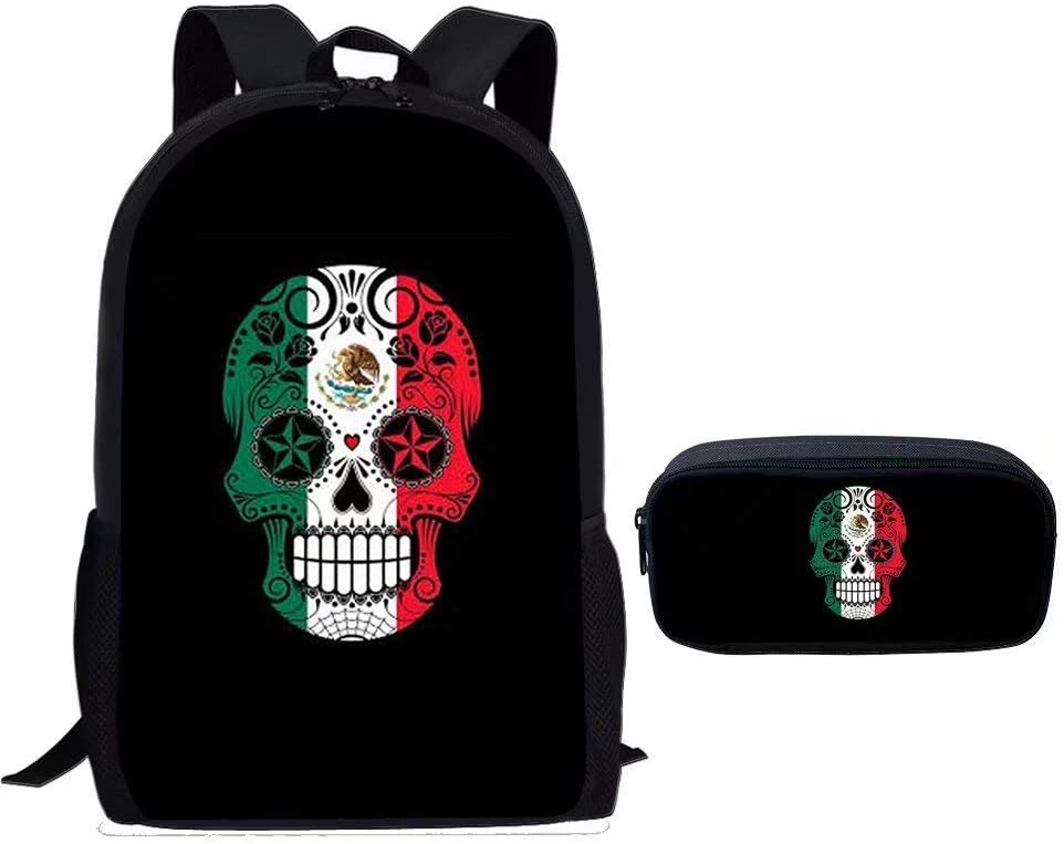 POLERO Cartoon Skull School Backpack Set Teen Girls Bookbags Laptop Backpack Kids Clutch Purse 2 pcs