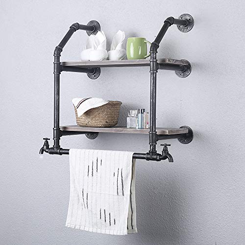 Industrial Bathroom Shelves Wall Mounted 2 Tiered,Rustic Pipe Shelf with Towel Rack Bathroom Shelf Over Toilet,24in Iron Pipe Shelving with Towel Bar,Farmhouse Wood Shelves Metal Floating Shelves