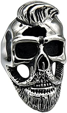 JINSHIYINYU Men's Stainless Steel Ring Silver Tone Black Skull Bone with Beard,Rock,Hiphop