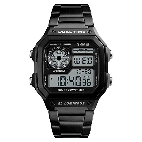 Bounabay Men's Multi-Function Stainless Steel Quartz Digital Watch-Black