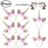 DaisyFormals Unicorn Headband Set（8 Pack）Shiny Gold Glitter Flowers Ears Headbands for Girls Adults Birthday Halloween Party Costume + 8 Free Unicorn Balloons