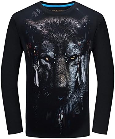 Angcoco Men's Long Sleeve Professional 3D Digital Print T Shirts - Indian Wolf
