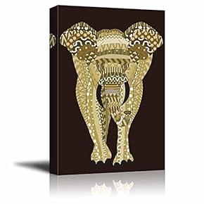 Gold Hand-Drawn Zentangle Elephant on a Rich Brown Background - Canvas Art Home Art - 12x18 inches