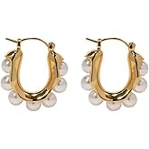coadipress Pearl Hoop Earrings for Women Trendy Dainty 14k Gold Plated Pearl Hoop Earrings Classical White Chunky Pearl Huggie Earring Ladies Statement Charm Jewelry Gifts