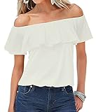 ICOOLTECH Women's Off Shoulder Boho Shirt Loose Blouses Casual Crop Tops (XL(US 8-10), White)