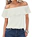 ICOOLTECH Women's Off Shoulder Boho Shirt Loose Blouses Casual Crop Tops (L(US 6-8), White)