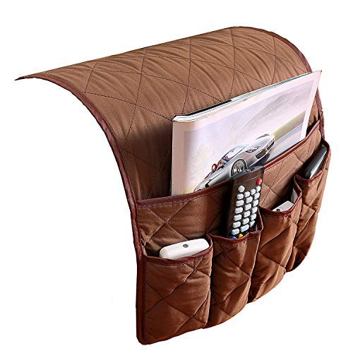 IPENNY Anti-Slip Couch Sofa Armrest Organiser Chair Bedside Storage Pocket TV Remote Holder Bed Storage Pocket Bag for Cellphone Notepad Book Magazines Holder Pouch (#E5-Coffee (5 pockets))