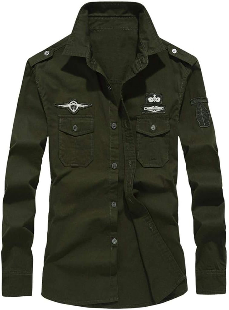 iDWZATOP Mens Autumn Casual Military Cargo Slim Button Long Sleeve Dress Shirt Top Blouse