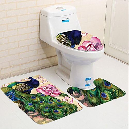 Keshia Dwete three-piece toilet seat pad customPeacock Collection King of a Peacock Glamorous Wing and Floral Design