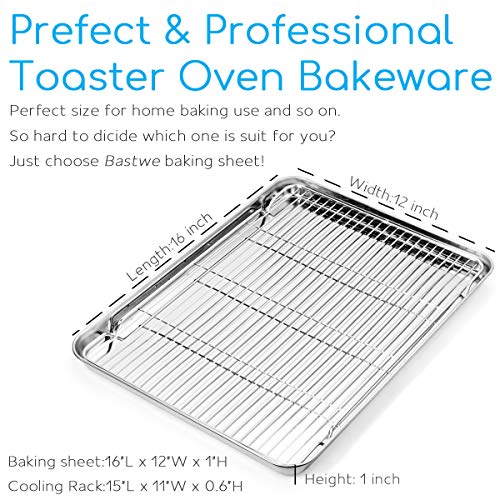 Bastwe Cookie Sheet and Cooling Rack Set, 16 inch Stainless Steel Baking Pan with a Rack, Professional Bakeware, Healthy & Non-toxic & Rustproof & Easy Clean & Dishwasher Safe