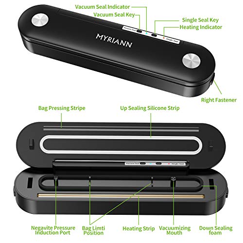Vacuum Sealer, MYRIANN Automatic Food Sealer Machine for Food Preservation w/Starter Kit，Vacuum Air Sealing System with Compact Design/Dry & Moist Food Modes/Sous Vide Cooking (Black) - Thumbnail 3
