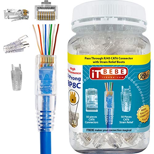 ITBEBE Gold-Plated Pass Through RJ45 Cat6 3-Prong Connectors and Cable Strain Relief 50/50 Kit for Clean, Snag-Free Patch Cords (100 Pieces Total)