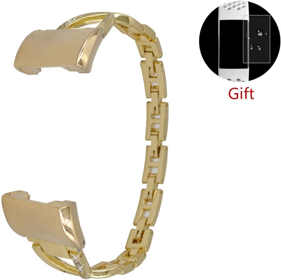 LLGLTEC Smart Watch Band Compatible with Fitbit Charge 3 Metal Alloy X-Shape Watch Strap with Crystal Rhinestone Women Bracelet Accessories Straps Wristband for Fitbit Charge 3 (Gold)