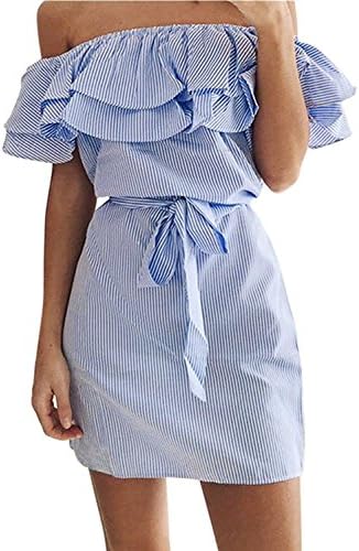 Anne McAdams Women's Casual Off Shoulder Striped Ruffles Strapless Mini Dresses Short Dresses X-Large Light Blue