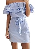 Face N Face Women's Casual Off Shoulder Striped Ruffles Strapless Short Dresses Mini Dresses X-Large Light Blue